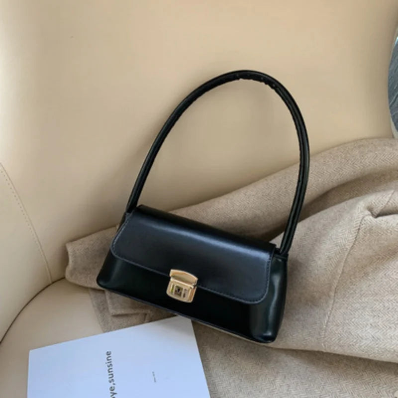 PU Leather Shoulder Bag with Gold-Tone Lock Closure