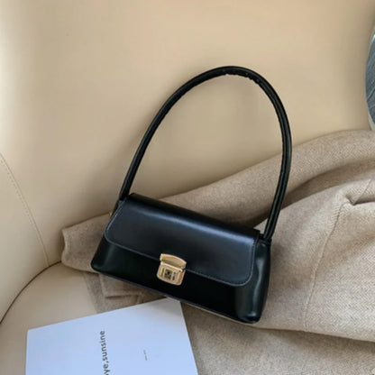 PU Leather Shoulder Bag with Gold-Tone Lock Closure