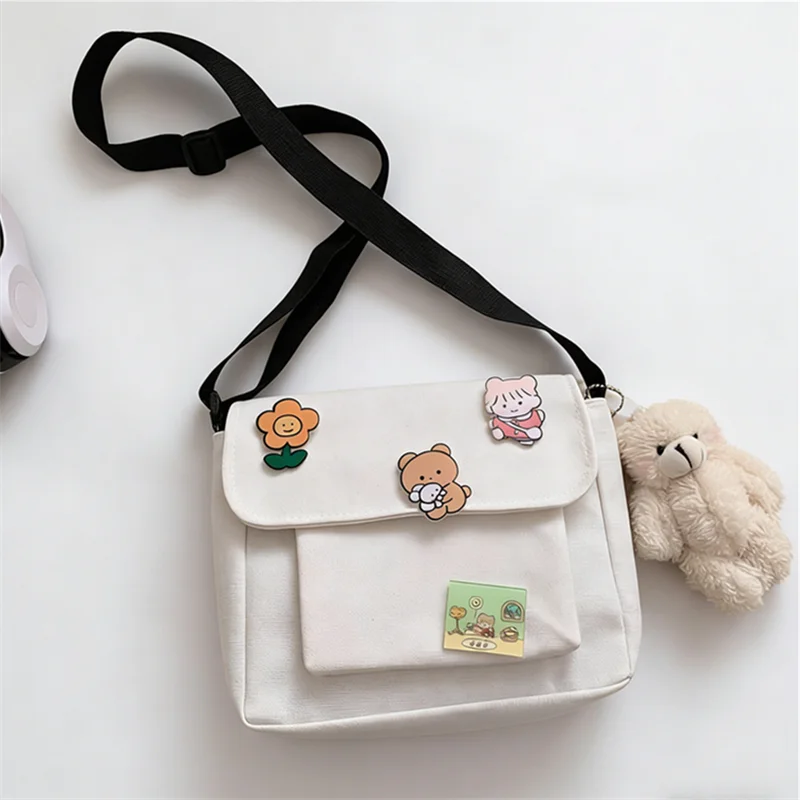 Cute Canvas Crossbody Bag with Pins – Lightweight Shoulder Bag for Women