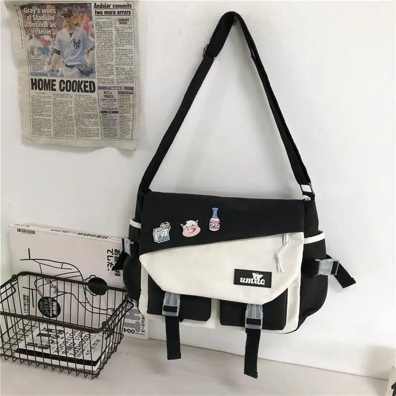 Harajuku Nylon Messenger Bag with Cute Badge Pins – Large Capacity