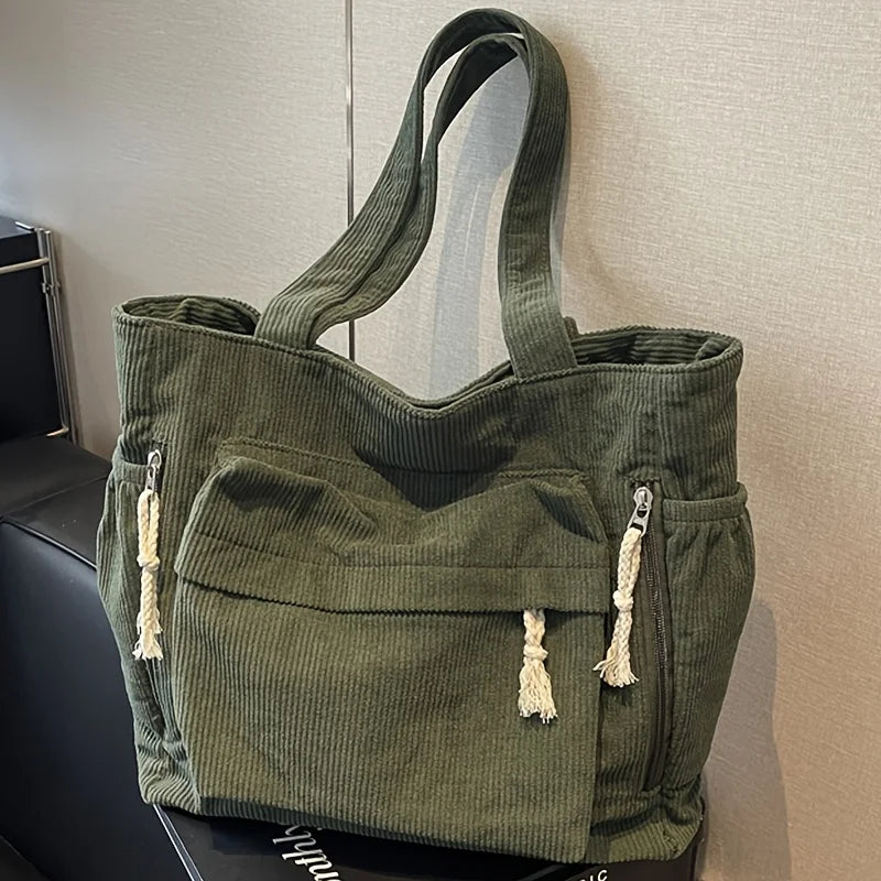 Corduroy Tote Bag for Women – Large Capacity Multi-Compartment Shoulder Bag