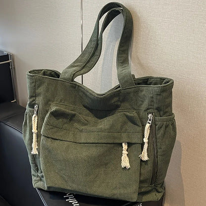 Corduroy Tote Bag for Women – Large Capacity Multi-Compartment Shoulder Bag