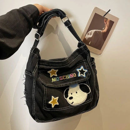 Cartoon Embroidered Denim Tote Bag – Crossbody Shoulder Bag