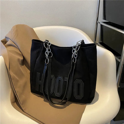 Large Capacity Nubuck Tote Bag with Letter Emboss & Chain Strap