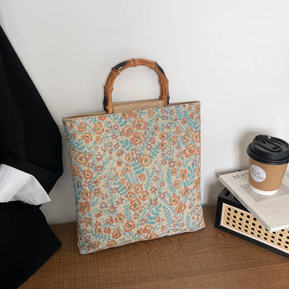 Vintage Artistic Embroidery Floral Pattern Shoulder Bag Bamboo Handle Women Tote Soft Fabric Handbag