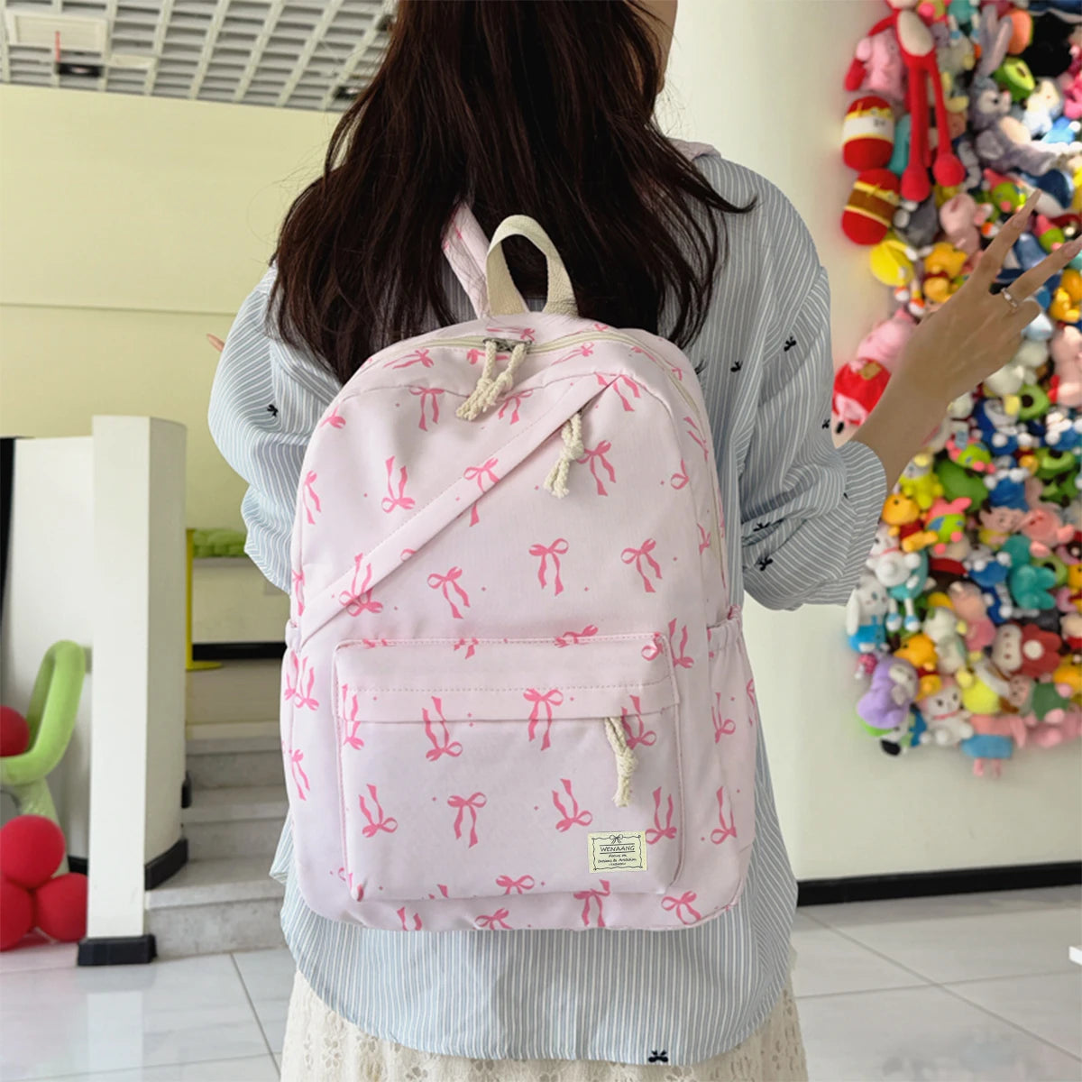 Fashionable Cute Bow Knot Polka Dot Printed Backpack Nylon Lightweight Large Capacity Casual Campus