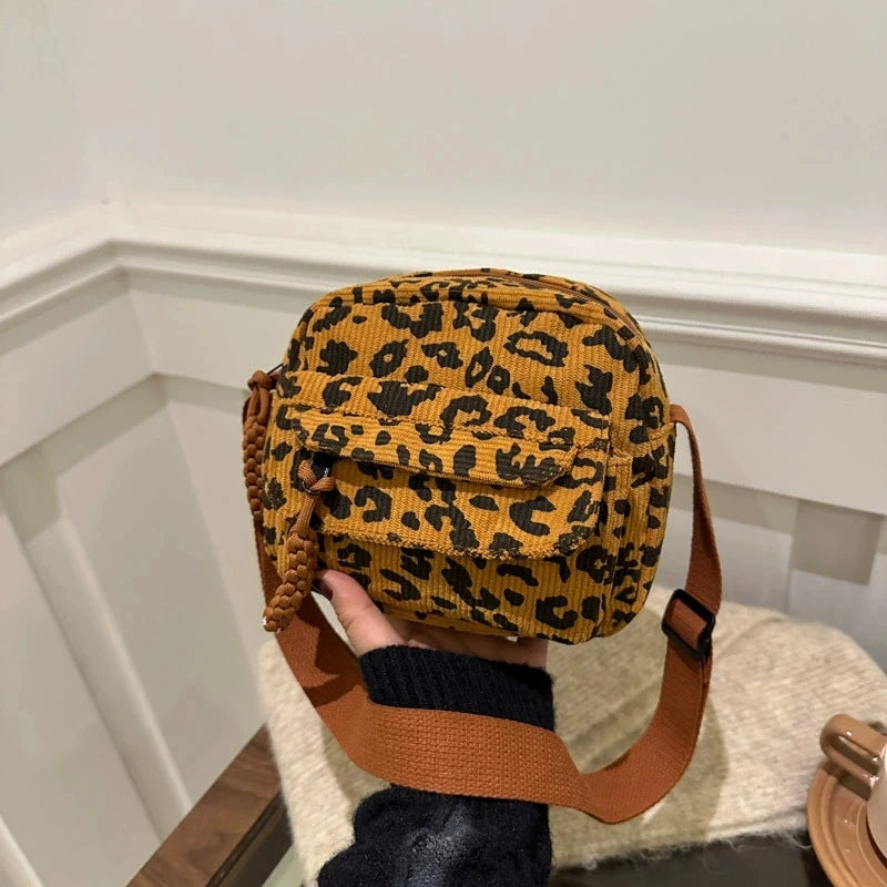 Leopard Print Corduroy Mini Crossbody Bag for Women