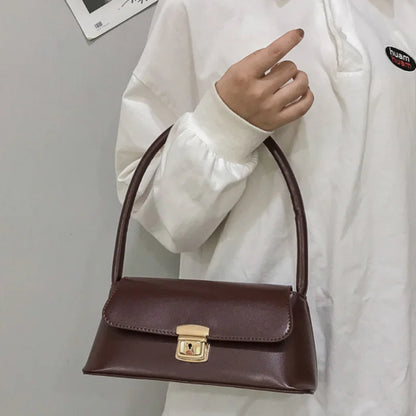 PU Leather Shoulder Bag with Gold-Tone Lock Closure
