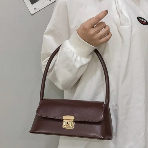 PU Leather Shoulder Bag with Gold-Tone Lock Closure
