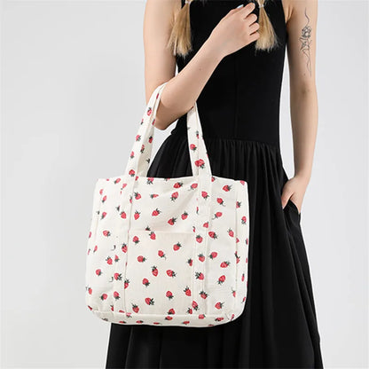 Strawberry Corduroy Tote Bag – Large Shoulder Bag for Women