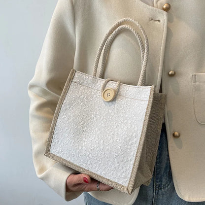 Women's Canvas Tote Bag – Floral Minimalist Handbag with Button Closure