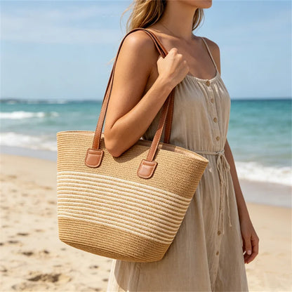Summer Beach Casual Handbag Shoulder Bag Women Striped Straw Tote Bags Leather Handles