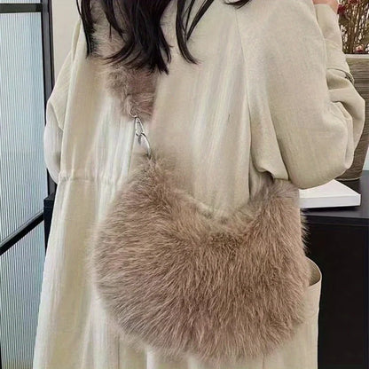 Luxurious Faux Fur Shoulder Bag - Chic Trendy Underarm Purse Pearl Chain Strap