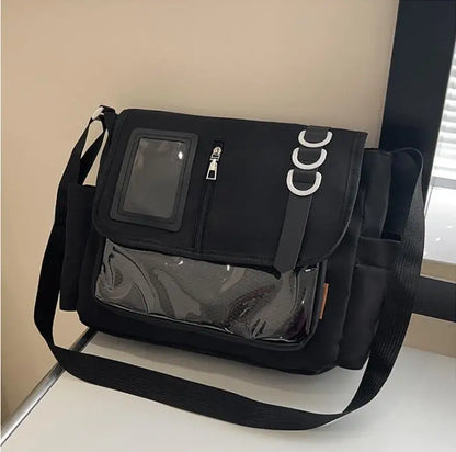 Clear Patch Canvas Messenger Bag – Multi-Pocket Crossbody