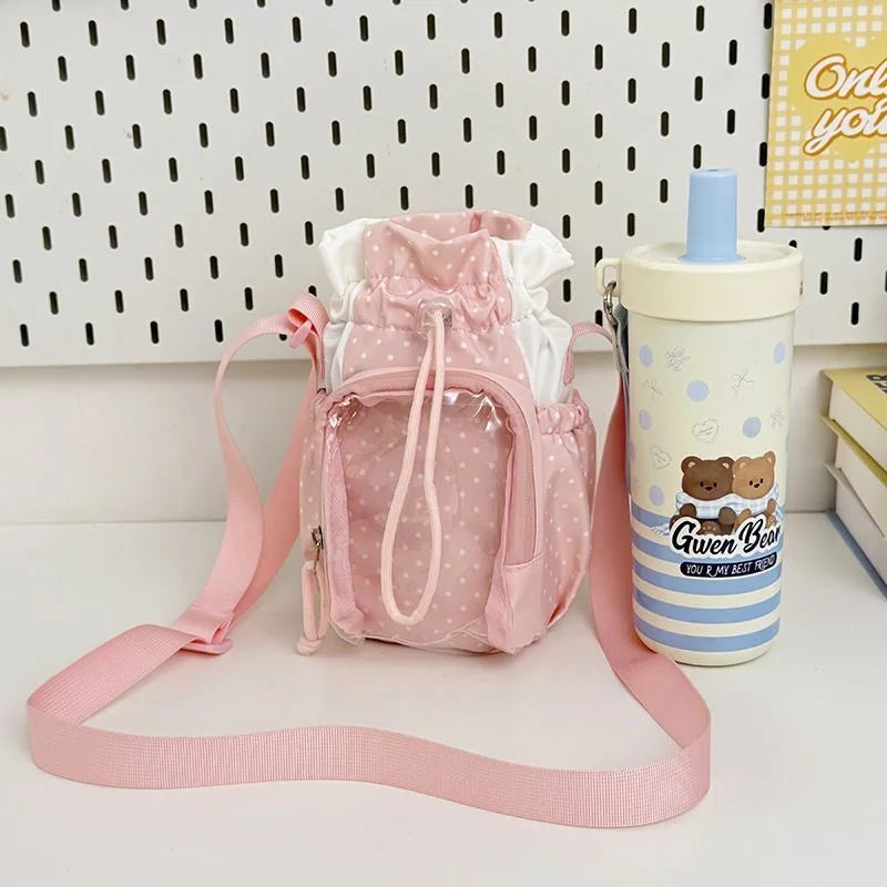 Cute Polka Dot Ita Shoulder Bag with Clear Window & Drawstring