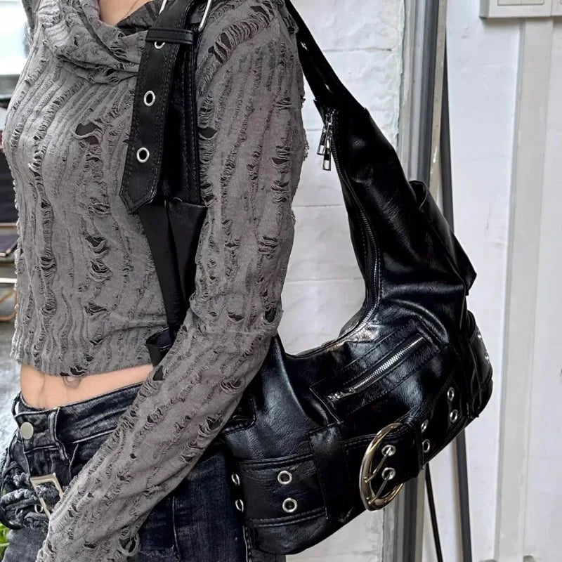 Black Leather Shoulder Bag – Y2K Belt Buckle & Eyelet Hardware