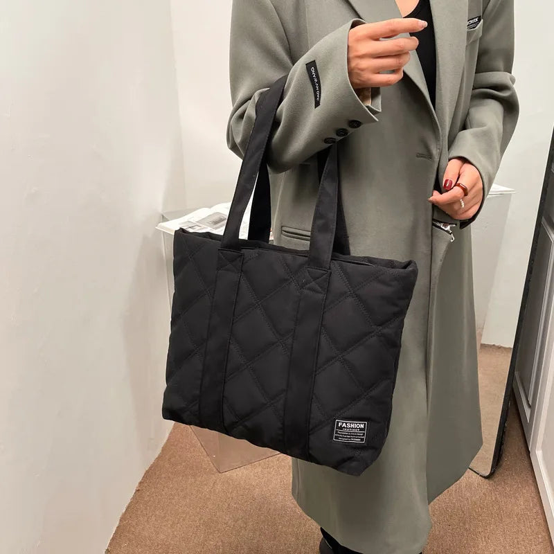 Large Quilted Nylon Tote Bag – Lightweight Women's Shoulder Handbag