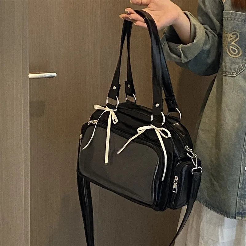 Patent Leather Bow Shoulder Bag – Dual Handle & Crossbody