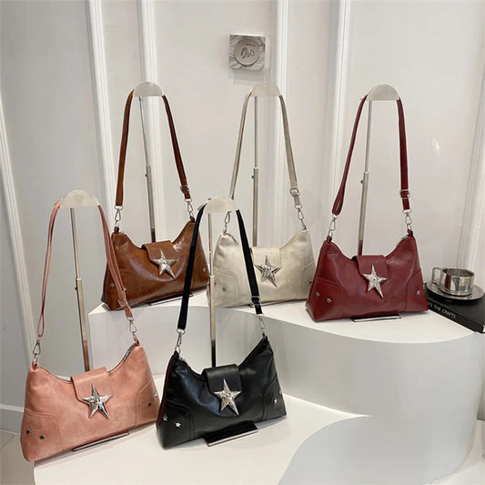 Y2k Vintage Shoulder Bag Soft Pu Solid Color Messenger Metal Star Lightweight Crossbody Commute Work
