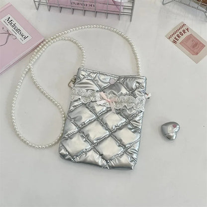 Satin Mini Phone Bag – Bow Embossed Pearl Chain Shoulder Purse