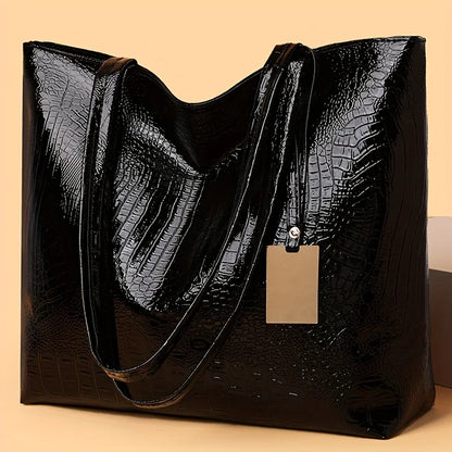 Large Capacity Tote Bag for Women – Croc-Embossed Shoulder Bag with Zipper