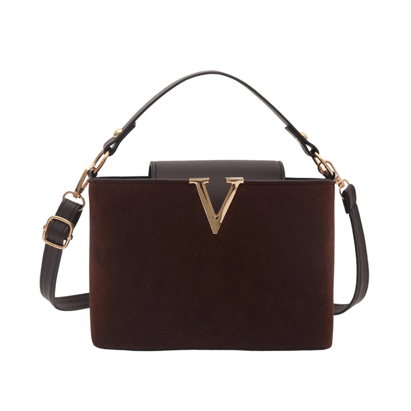 Mini Suede Crossbody Bag for Women – Faux Suede Handbag with Gold V Clasp