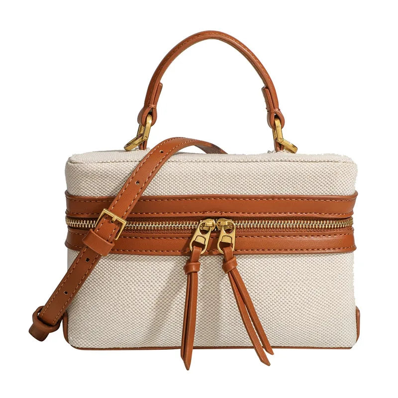 Canvas & Leather Box Bag – Retro Crossbody Tote for Women