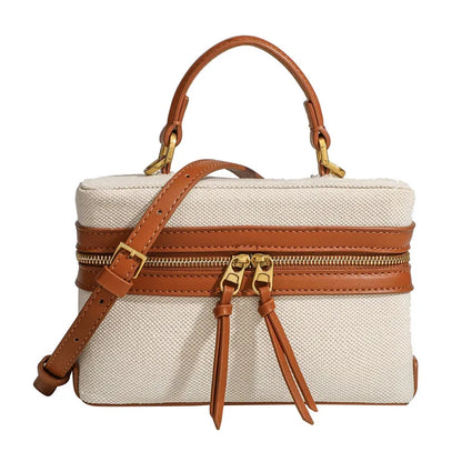 Canvas & Leather Box Bag – Retro Crossbody Tote for Women
