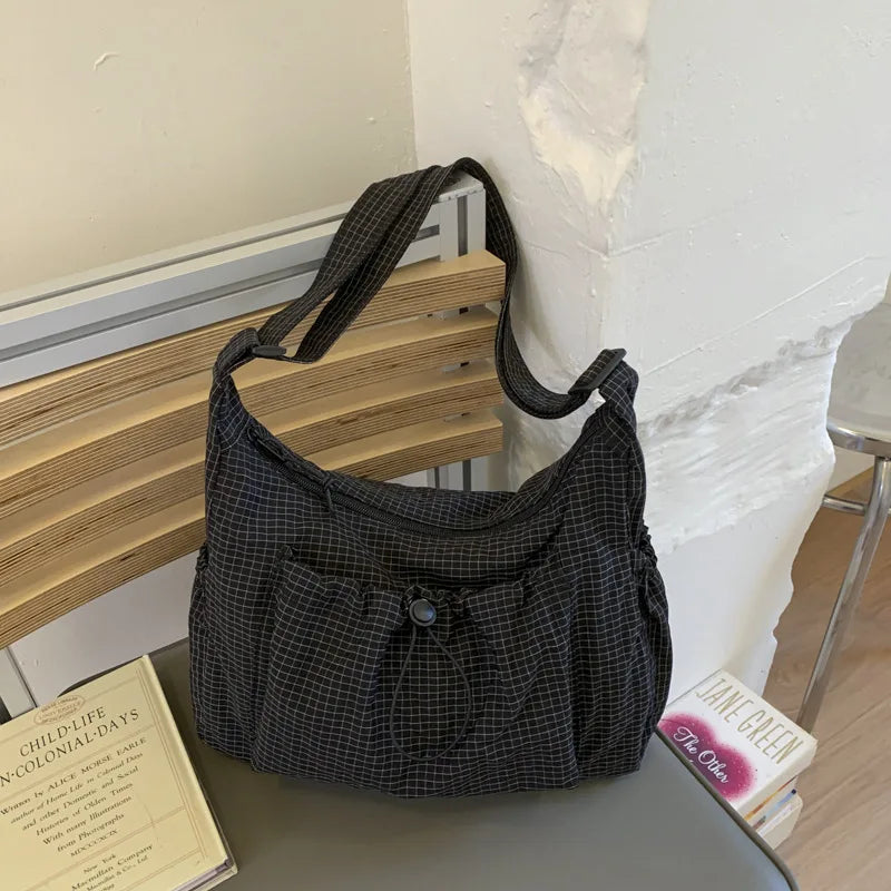 Korean Nylon Shoulder Bags Simple Plaid Zipper Tote Drawstring Pleated Cloud Commuter Crossbody Bag