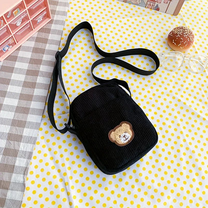Girls Portable Corduroy Bear Phone Crossbody Bag Mobile Phone Coin Purse Fashionable Cross Small Bag