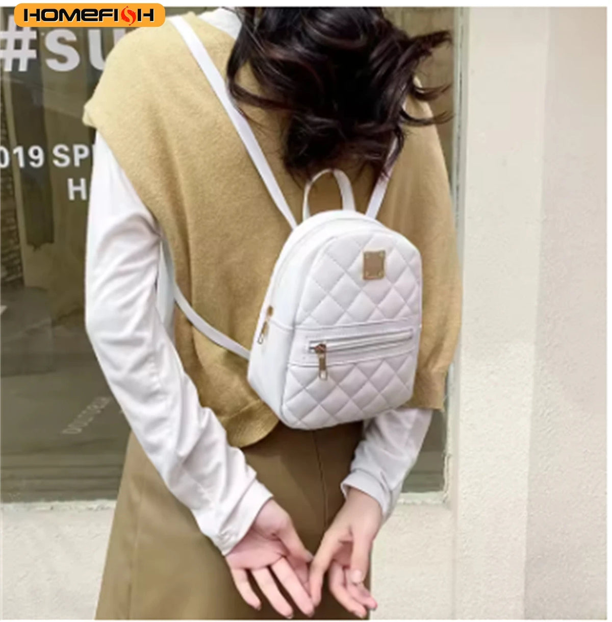 Homefish Female Rhombus Plaid Pattern Bag Large Size Commuter Backpack Casual Minimalist Shoulder