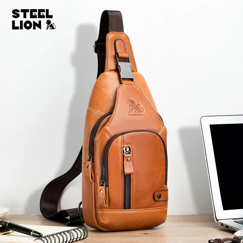 Leather Chest Bag Man Cross-Body Backpack Usb Multi-Function Large Capacity Front Satchel