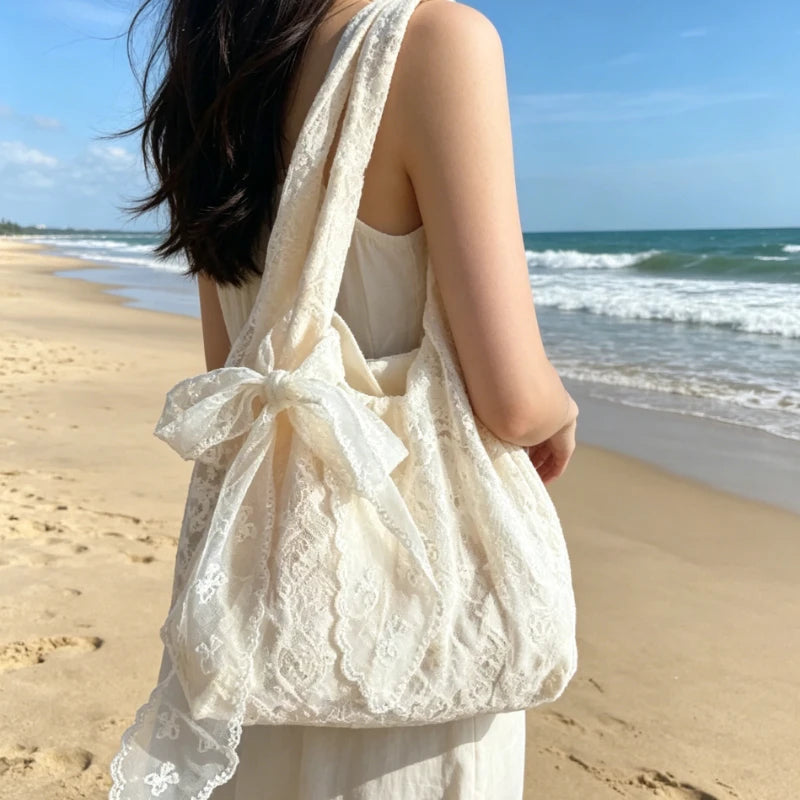 Lace Flower Tote Bag for Women – Soft Bow Accent Shoulder Purse