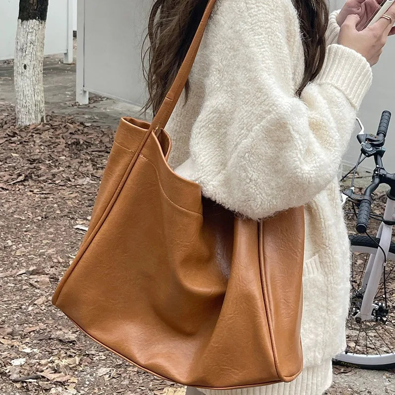 Large-Capacity Women S Casual Soft Leather Crossbody Commuter Single-Shoulder Bag Tote - Soft