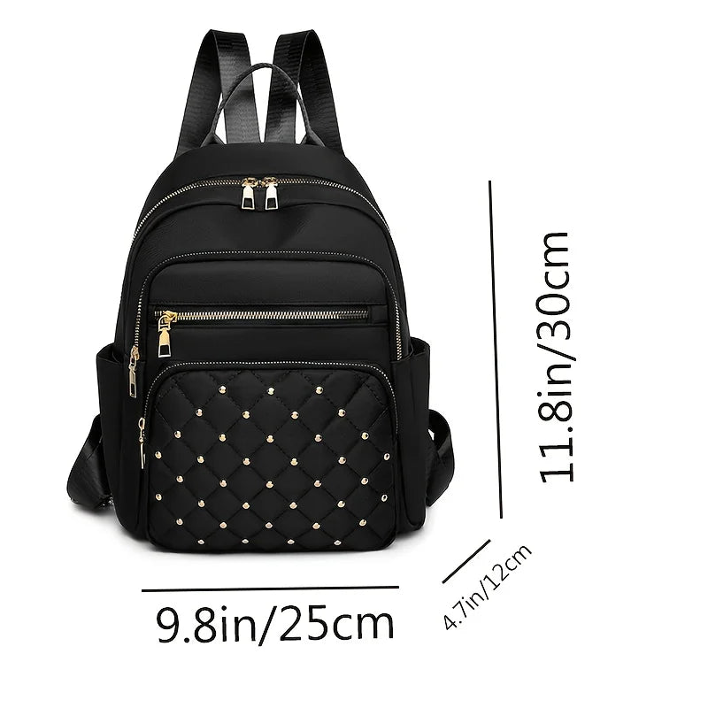 Rivet Quilted Nylon Backpack – Anti-Theft Multi-Pocket Travel Daypack for Women