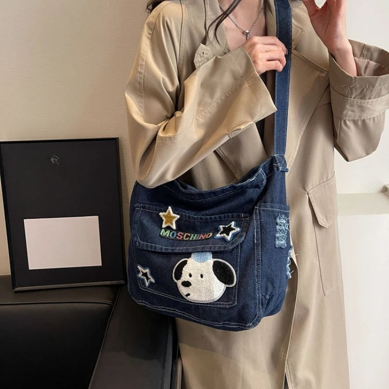 Cartoon Embroidered Denim Tote Bag – Crossbody Shoulder Bag
