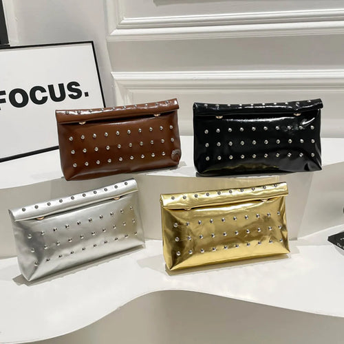 Light Luxury Clutch Bag Glitter Pu Leather Evening Rivet Solid Color Handbag Banquet Dance