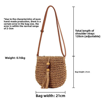 Straw Crossbody Bag with Tassel & Adjustable Leather Strap