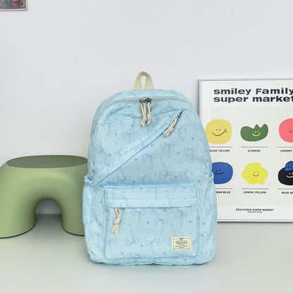 Gentle Romantic Bow Polka Dot Printed Backpack Nylon Lightweight Large Capacity Girls Campus Student