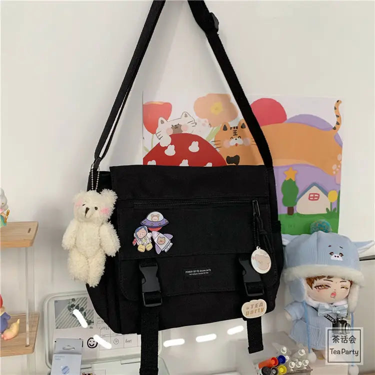 Harajuku Canvas Messenger Bag – Cute Badge Crossbody