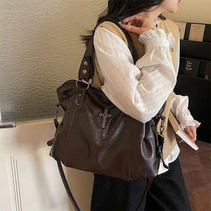 Retro Y2k Women Shoulder Bag Pu Cross Stud Large Capacity Handbag Adjustable Strap Multi Function