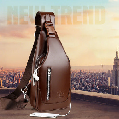 Business Casual Men Chest Bag Usb Port Multi-Pocket Pu Stitched Luster Zipper Shoulder Commute
