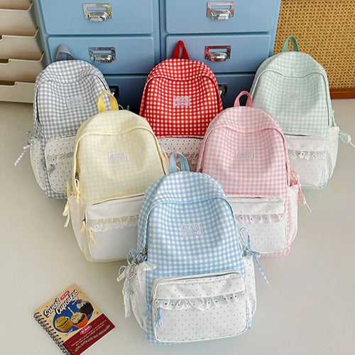 Lightweight Nylon Fabric Polka Dot Color-Blocking Backpack