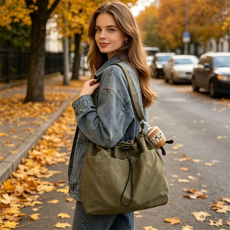 Nylon Drawstring Hobo Shoulder Bag Women Large Capacity Crossbody