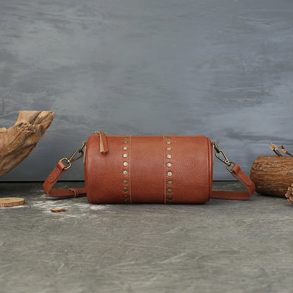 Genuine Rivet Cylinder Bag Vintage Vegetated Tanned Head Layer Cofskin One Shoulder Diagonal Span