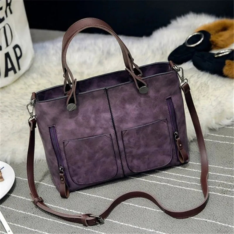 Retro Leather Tote Bag for Women with Double Pockets