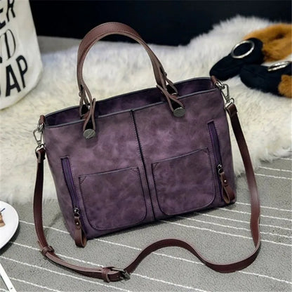 Retro Leather Tote Bag for Women with Double Pockets