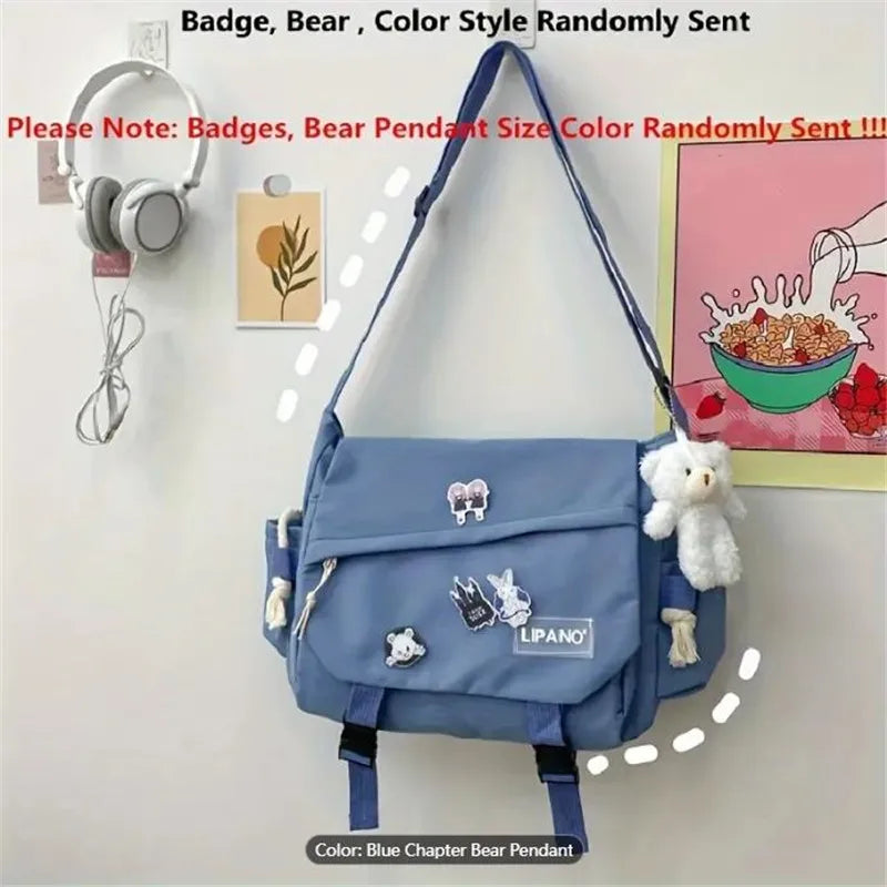 Kawaii Pins Decor Messenger Bag Release Buckle Decor Flap Crossbody Bag Large Capacity School Bag