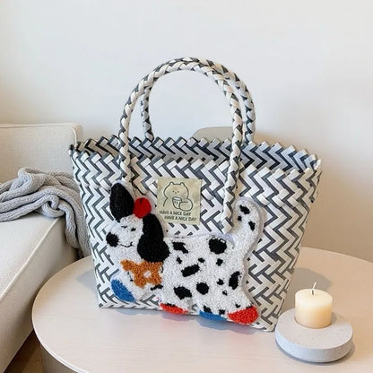 Cute Dachshund Woven Tote Bag Lightweight Striped Basket Bag Embroidered Dog Beach