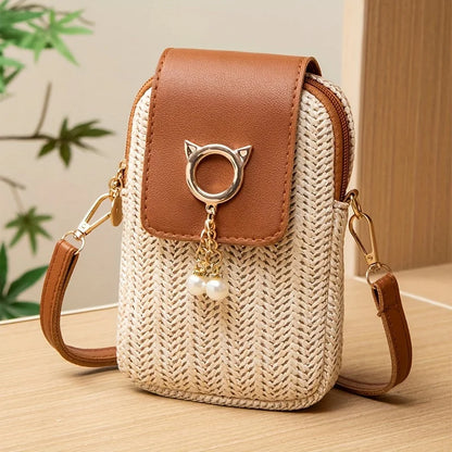 Mini Crossbody Phone Bag for Women – Cute Straw & Leather Boho Purse